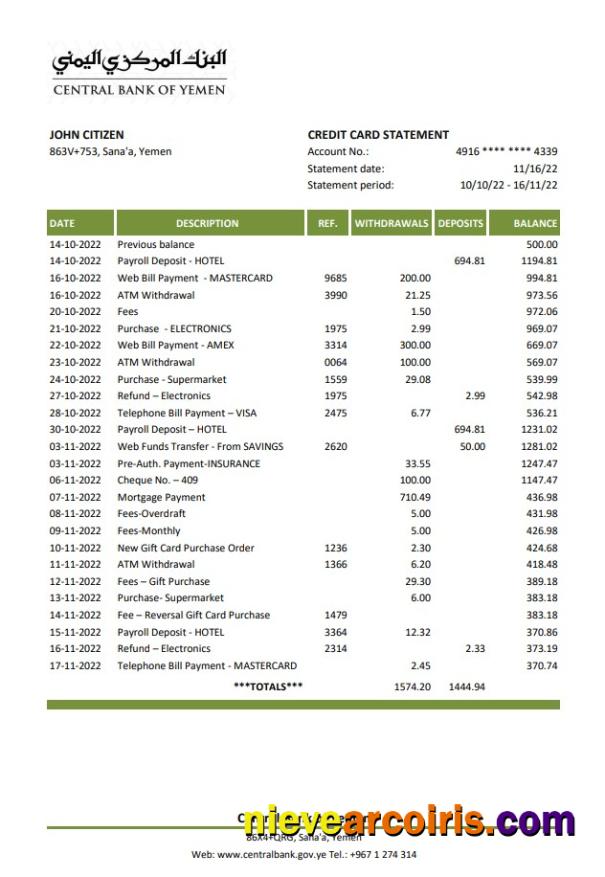 Yemen Central Bank of Yemen bank statement